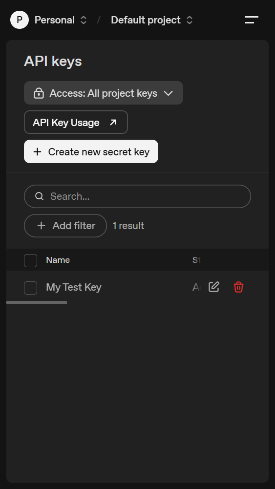 手機版 API Keys 清單顯示 1 result 與 My Test Key,該列右側有編輯與刪除圖示。