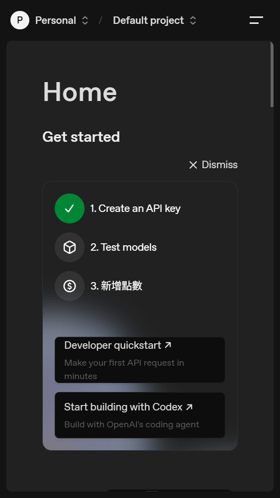手機版 Home 的 Get started 卡片,Create an API key 已勾選,下方有 Test models 與新增點數。