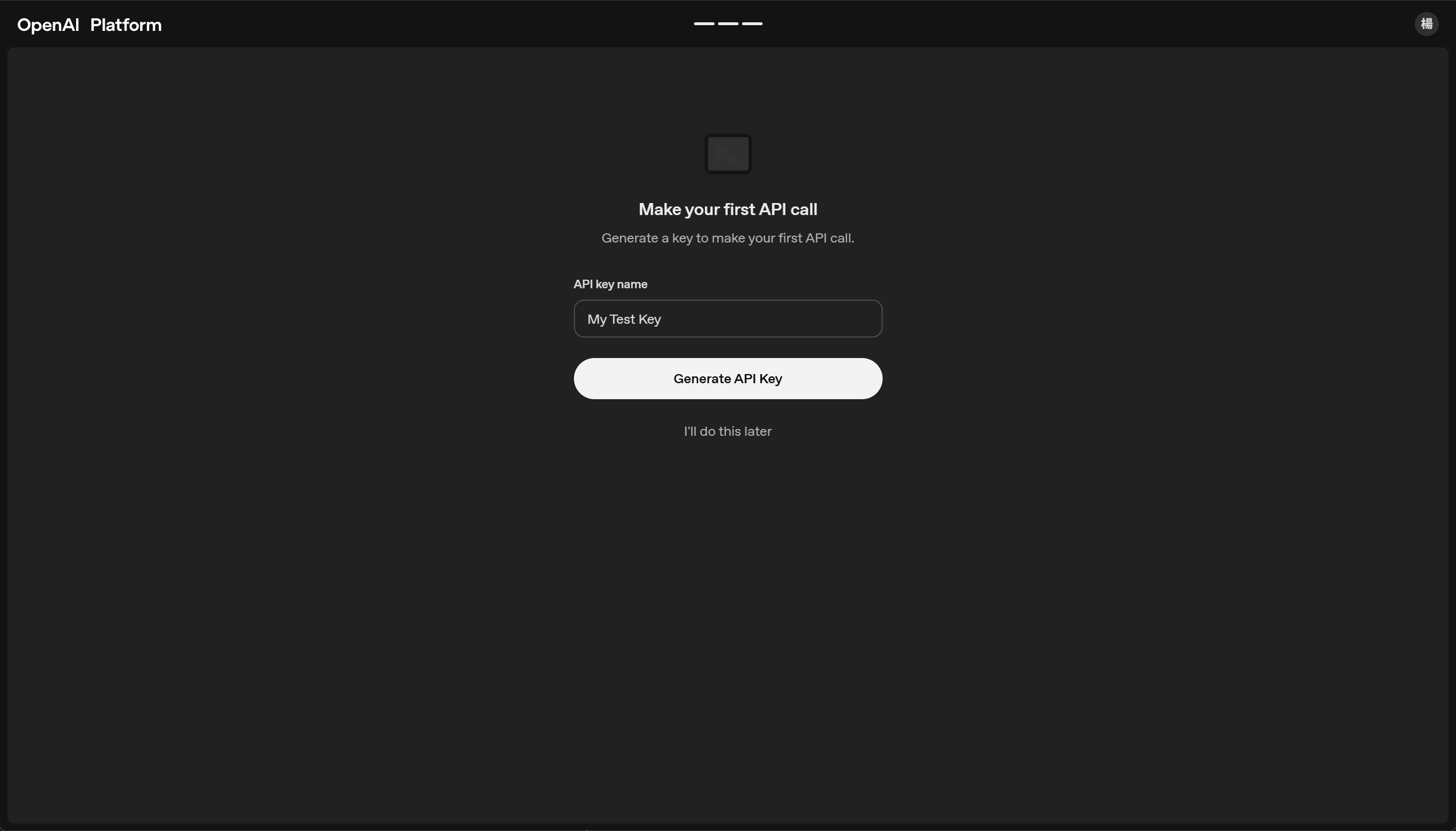 選擇 Free 後的 Make your first API call 畫面,包含 API key name、Generate API Key 與 I'll do this later。