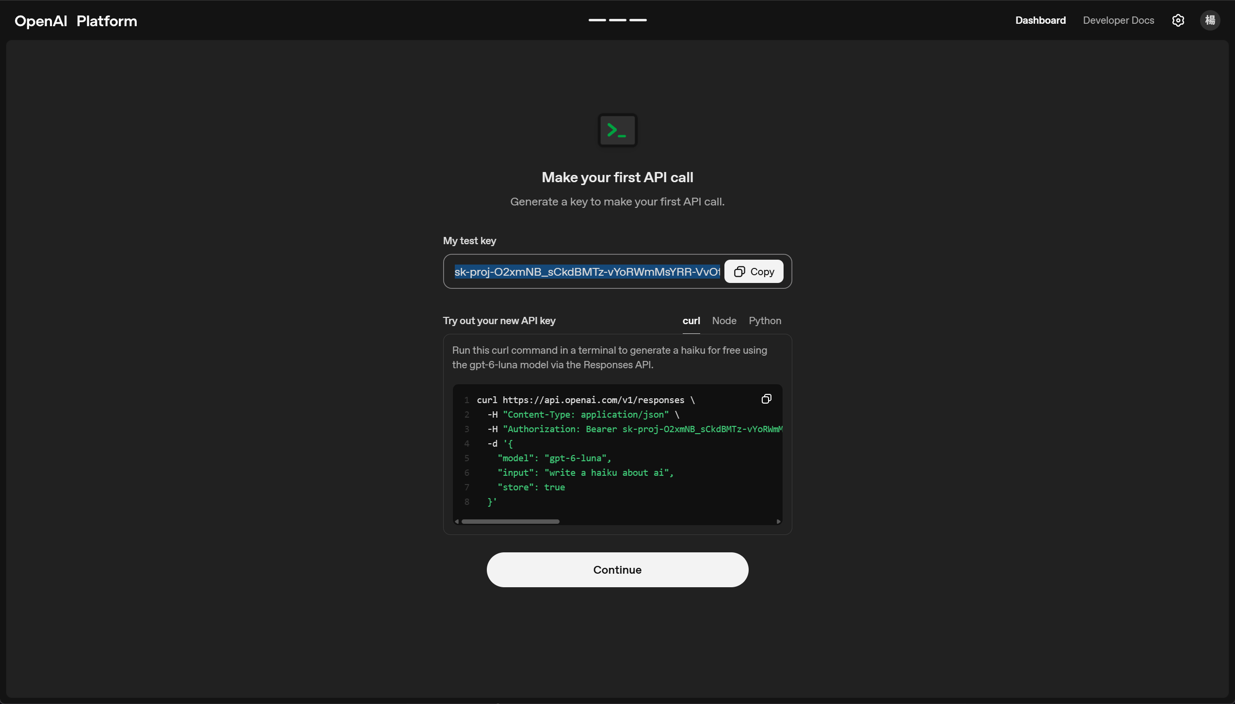 電腦版建立 key 完成畫面,上方有 Copy,下方有程式範例與 Continue。