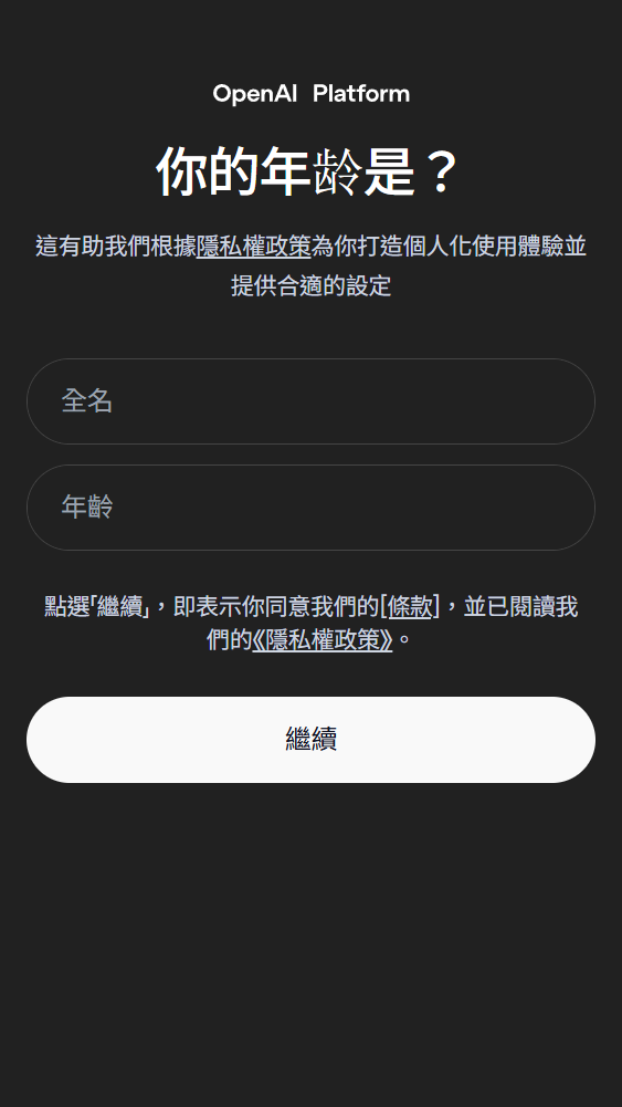 驗證碼通過後的個人資料畫面,包含全名、年齡欄位與繼續按鈕。